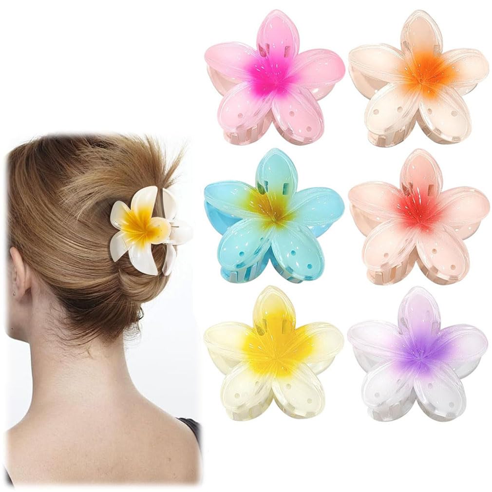 6 Flower Hair Clips, Acrylic Hair Clips, Anti-Slip Flower Claw Clips for Strong Fixation Hawaiian, for Women and Girls with Medium Thickness Hair
