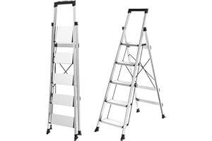 HBtower 5 Aluminum Step Ladder, Strudy Ladders for Home with Tool Tray, Anti-Slip Folding Step Stool for Adults, Light Weight Portable 330lbs Safety for Kitchen Warehouse Outdoor Work