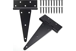 BOODVON 10 Inch T-Strap Gate Hinges, Shed Barn Door Hinges Heavy Duty, Black Tee Hinges for Wooden Fences, Yard Gate, Wrought Hardware Iron Rustproof (2Pack/Set)