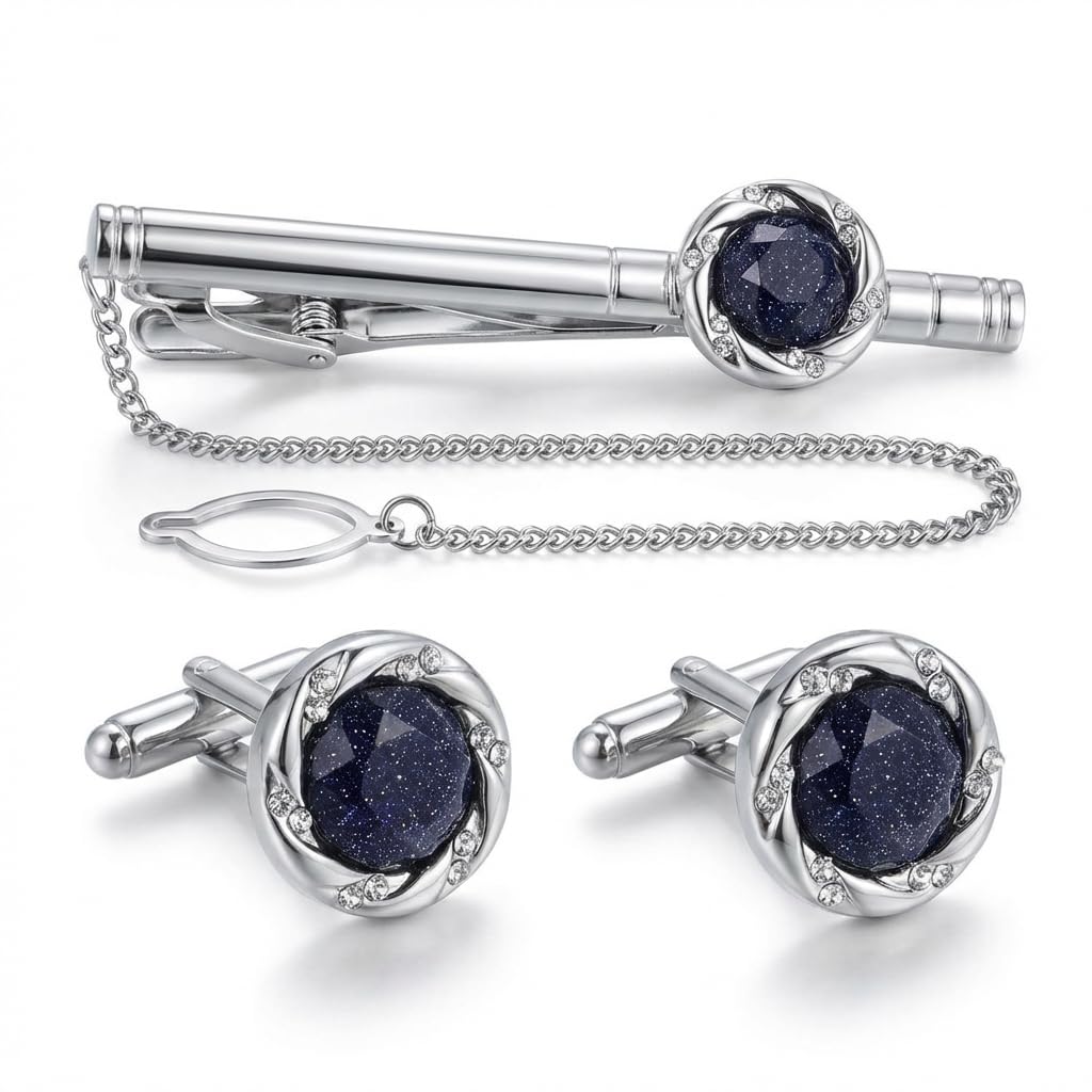 BagTu Crystal Galaxy Cufflinks and Tie Clip Set with Gift Box and Greeting Card, Round Dark Blue Cufflinks and Tie Clip Gift Set for Men