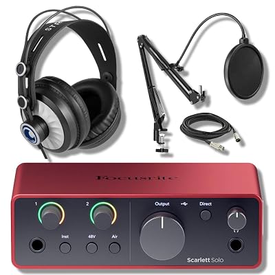 Focusrite Scarlett Solo 4G with StreamEye Cans50 Studio Headphones and Microphone Boom Arm, XLR Cable and Pop Filter Bundle