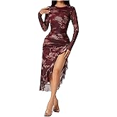 Milumia Women's Tie Dye Mesh Long Sleeve Midi Dress Split Hem Asymmetrical Ruched Bodycon Party Club Long Dresses