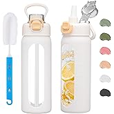chunmo 20 oz Glass Water Bottle with Straw Reusable Water Bottle with Non-Slip Silicone Sleeve Wide Mouth Leak-Proof for Coffee, Tea and Water,BPA-free, Dishwasher Safe