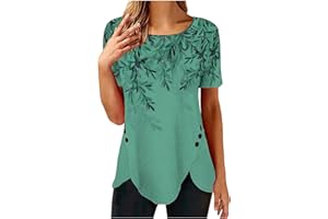 DOVFORD Tunic Tops for Women Loose Fit Dressy Short Sleeve Blouse Casual Floral Print T Shirt Summer Trendy Irregular Hem Tee