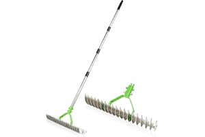 COPIU Thatch Rake, 15 Inch Wide Dethatcher Rake, Robust Lawn Dethatcher for Cleaning Dead Grass, Efficient Steel Metal Rake with Handle, Thatching Rake for Garden,Yard, Lawn Loosening Soil Rake.(Green)