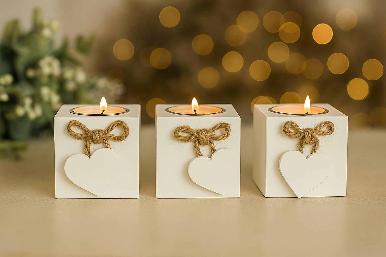 White Wooden Love Heart Box Shabby Chic Candle Holders. Rustic Home Decor Table Centrepiece, Modern 3x Tealight Living Room Accessories Wedding Table Centrepiece