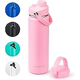 ThermoProof Double-Walled Vacuum Insulated Stainless Steel Water Bottle - Wide Mouth with Chug & Spout Lids, Dishwasher Safe, Reusable, Leakproof, Hot & Cold for Men, Women & Kids - 22oz, Pink