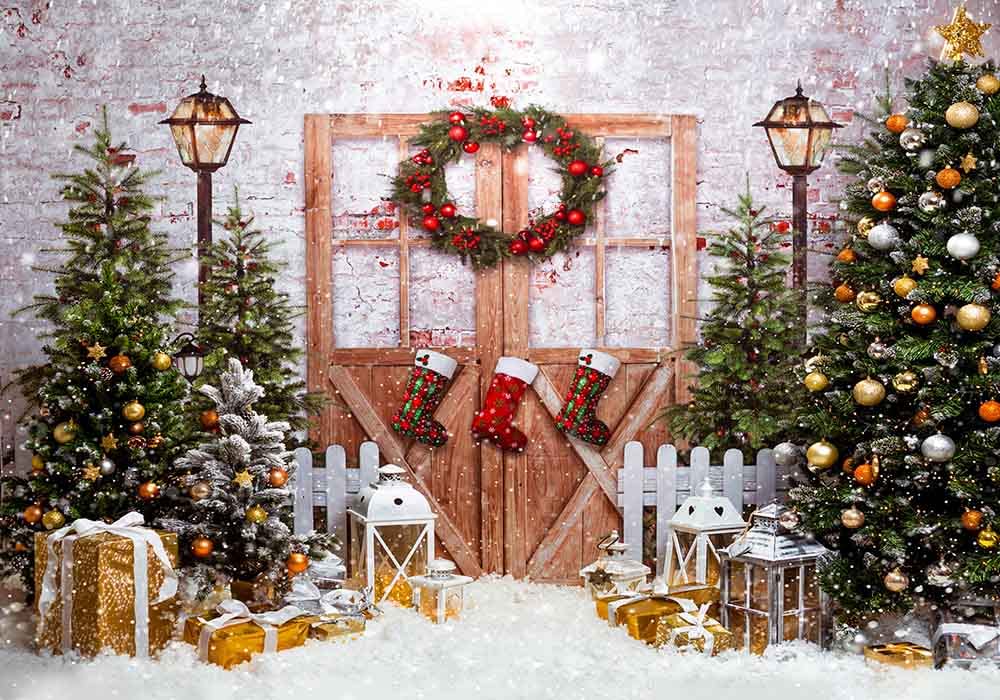 Haosphoto Christmas Backdrop for Photography 7X5FT Barn Decoration Backdrops Pine Trees Heavy Snow Winter Wonderland Wreath Stocking Xmas Background for Happy New Year Photo Studio Props Vinyl HS906