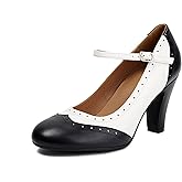 graceretro Women's Mary Jane Wingtip Rockability Oxford Two Tones Close Round Toe Vintage 1950s Heels Ankle Straps Retro 1920s Victorian Pumps Shoes