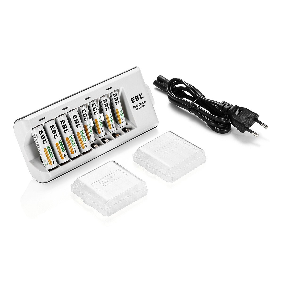 EBL 8-Fach Akkuladegerät für NI-MH AAA AA Akku, intelligentes Batterieladegerät mit 4*AA Akku 2800mAh, 4*AAA Akku 1100mAh