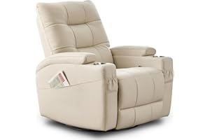 AIRSKY Genuine Leather Recliner Chair, Large Swivel and Rocker, Italian Water-Washing Process, Nursery Glider Recliner, Glider Rocking Chair Nursery Rocker Recliner, R2, Beige