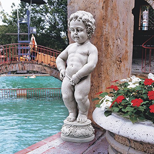 Design Toscano Manneken Pis Peeing Boy Piped Pond Spitter Statue Water Feature, 27 Inch, Polyresin, Antique Stone
