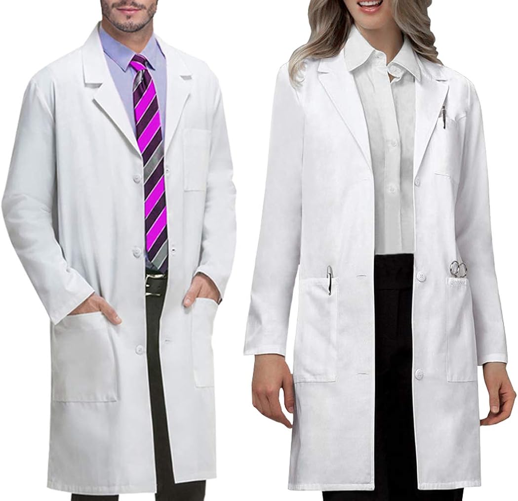 VOGRYE Professional Lab Coat for Women Men Long Sleeve, White, Unisex XXS-4XL: Clothing