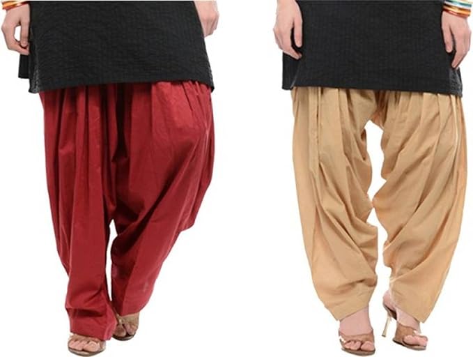 Women's Cotton Traditional Patiala Salwar (PATIALA-SALWAR-01234, Beige and Maroon, Free Size)