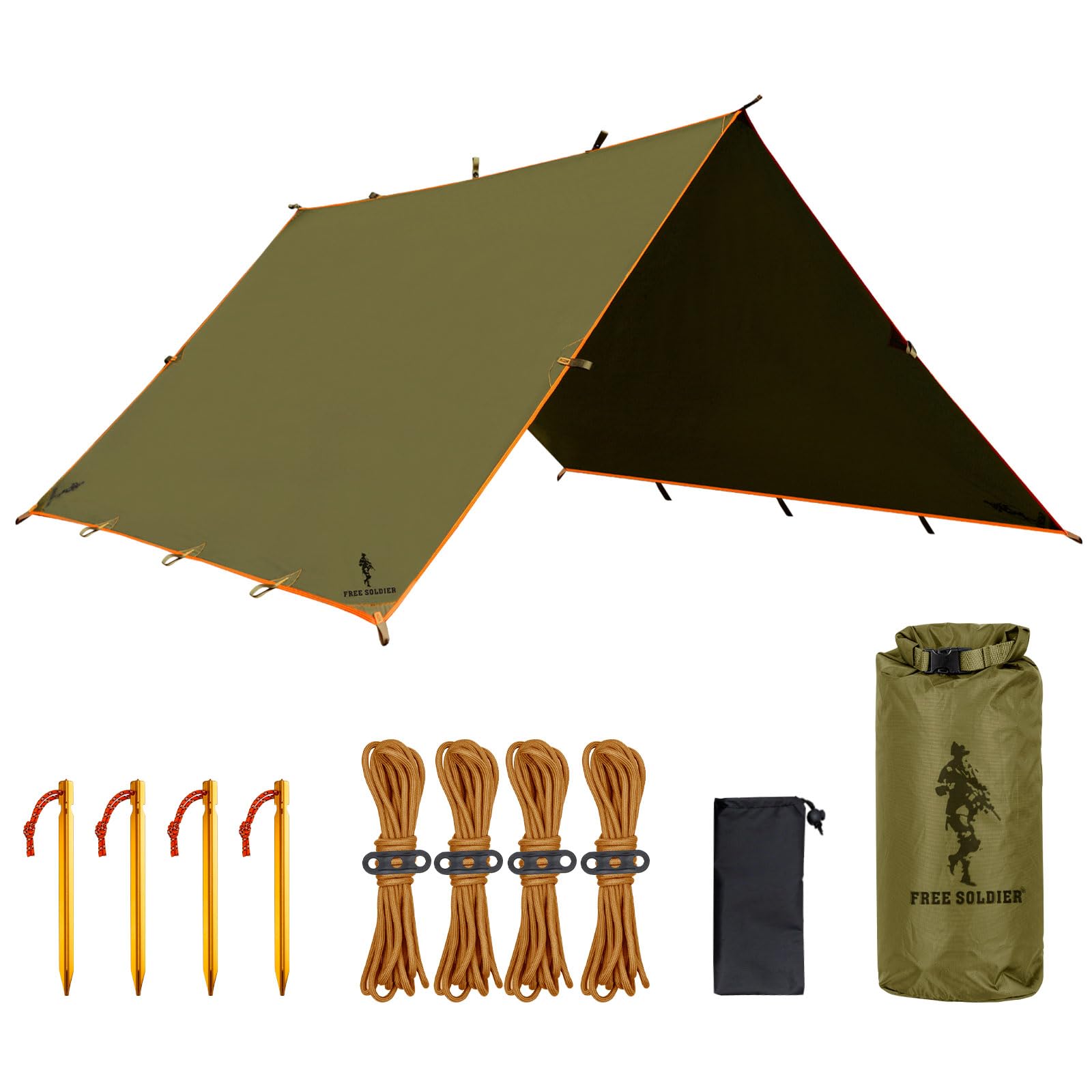 FREE SOLDIER Camping Tarp Waterproof 3m x 3.2m Large Hammock Tent Tarp Portable Tarpaulin Anti-UV Shelter Sun Block Sunshade Awning for Camping Hiking Traveling Outdoor Sports (Brown with Nails)