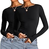 AKEWEI Long Sleeve Crop Tops for Women 2 Pack Fall Going Out Outfits Cute Tight Basic Tees Shirt