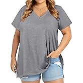 JOELLYUS Plus Size Tops for Women Summer Top Loose Fit Tee Shirts V Neck Short Sleeve Blouse