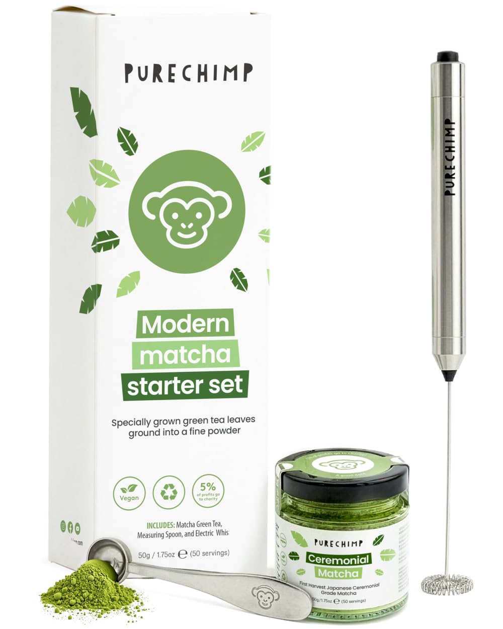 PureChimp Modern Matcha Set. Includes 50g Ceremonial Grade Green Tea Powder, Electric Matcha Whisk & Stainless Steel Scoop. Easy Tea Set for Lattes. Premium Latte Kit, Gift for Beginners
