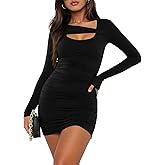 Yousify Womens Cocktail Dress Long Sleeve Bodycon Dress Fall Ruched Cut Out Sexy Fitted Club Party Mini Dress