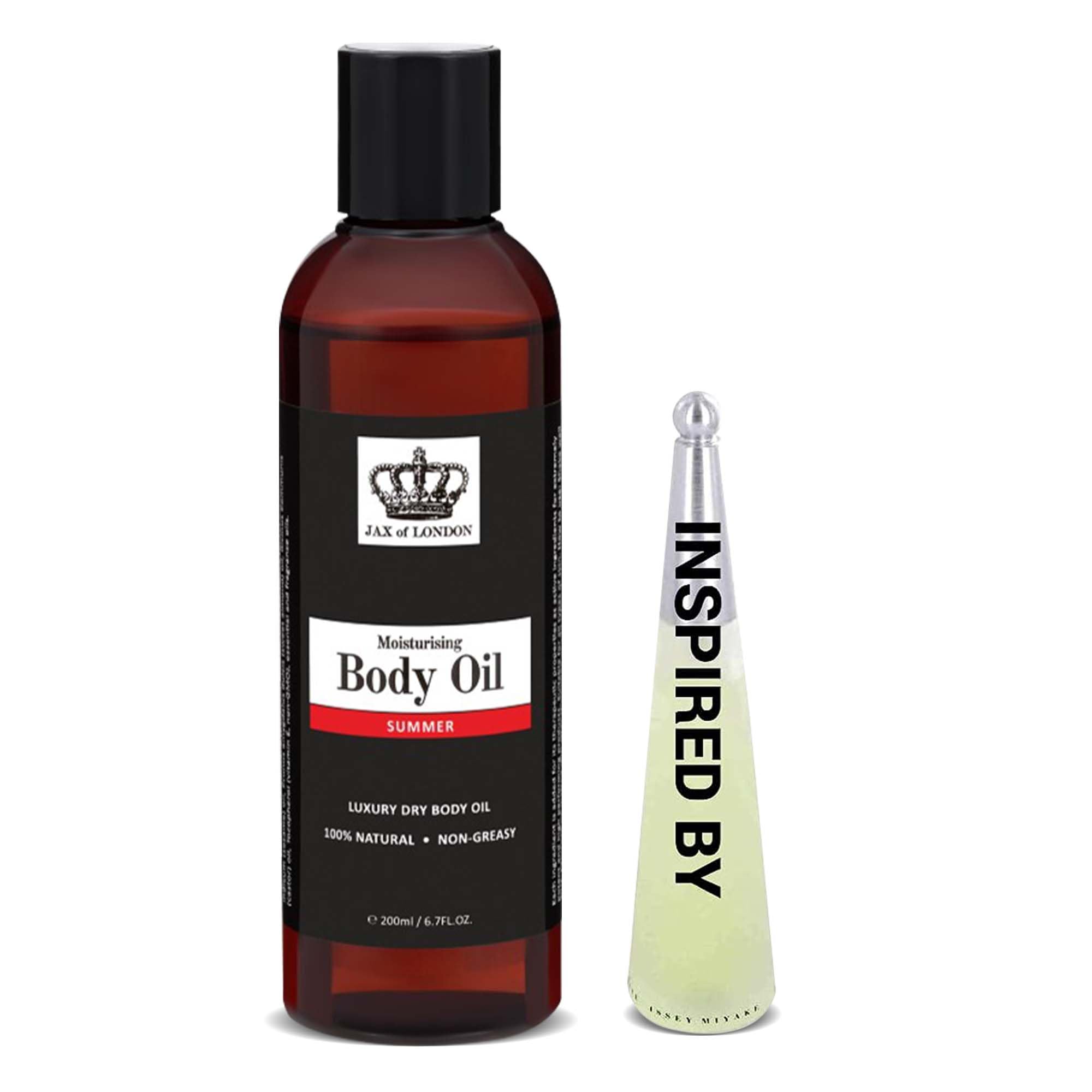 Jax of London Perfume Inspired Body Oil 200ml – Summer Fresh Scent Inspired by Issey Miyake L’Eau d’Issey – 100% Natural Ingredients – Vegan & Alcohol-Free – Moisturising Oil for Skin Hair & Massage