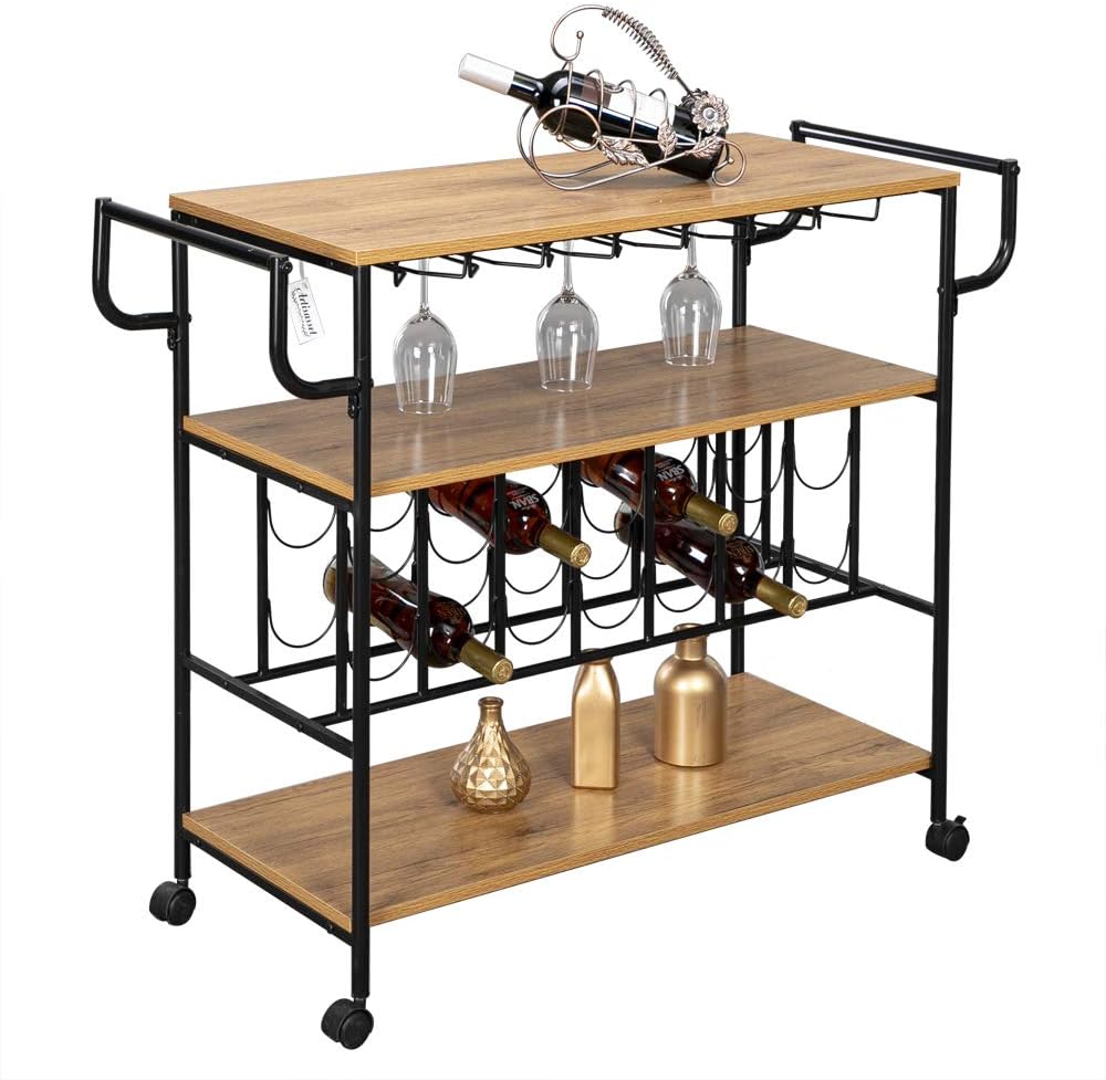 whectin Three-Layer Movable Multifunctional Bar Wine Rack Dining cart, Industrial Kitchen Rolling Cart Storage Wood Table Serving Trolley