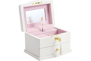 Jozen Gift Ballerina Musical Jewelry Box with Mirror for girls，Kid's Jewelry Storage Music Chest (White-L)