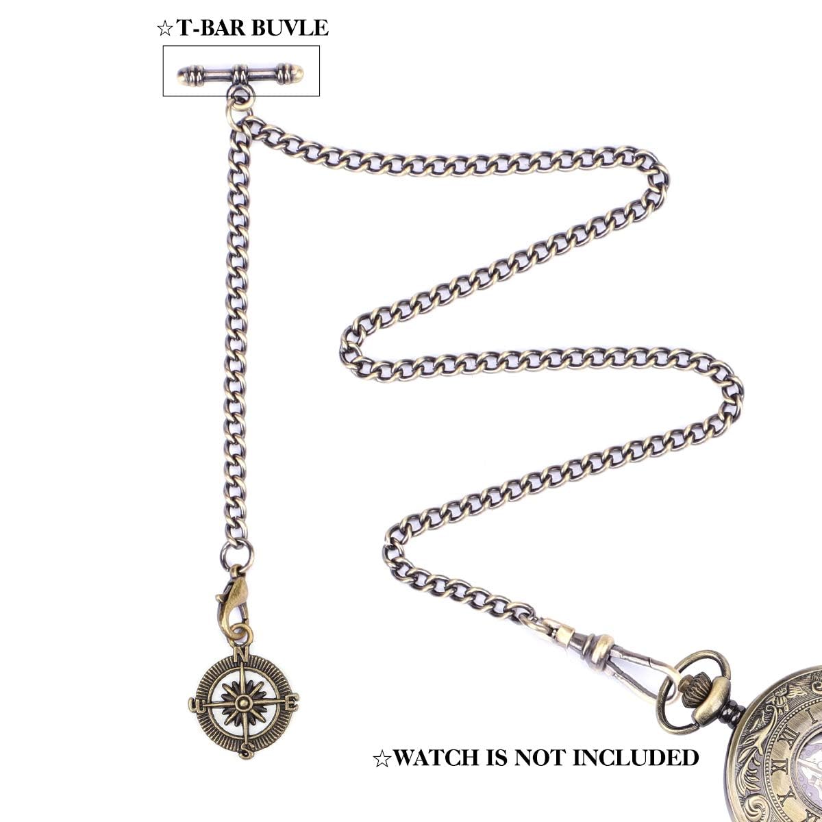 Pocket Watch Chain T-bar Chain Albert Chain with Compass Pendant