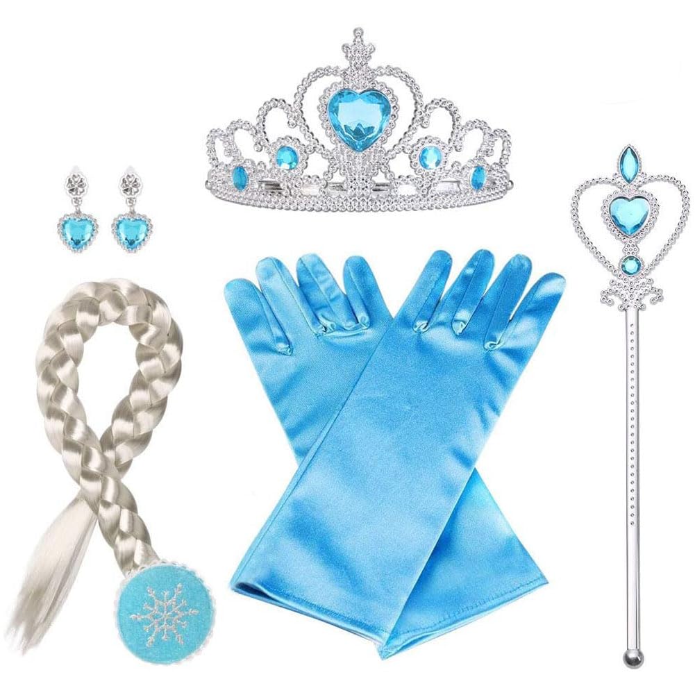 Vicloon Elsa Princess Dress Up Accessories, Crown Wand Blue Gloves Tiara braids Necklace Ring Earrings Set of 8