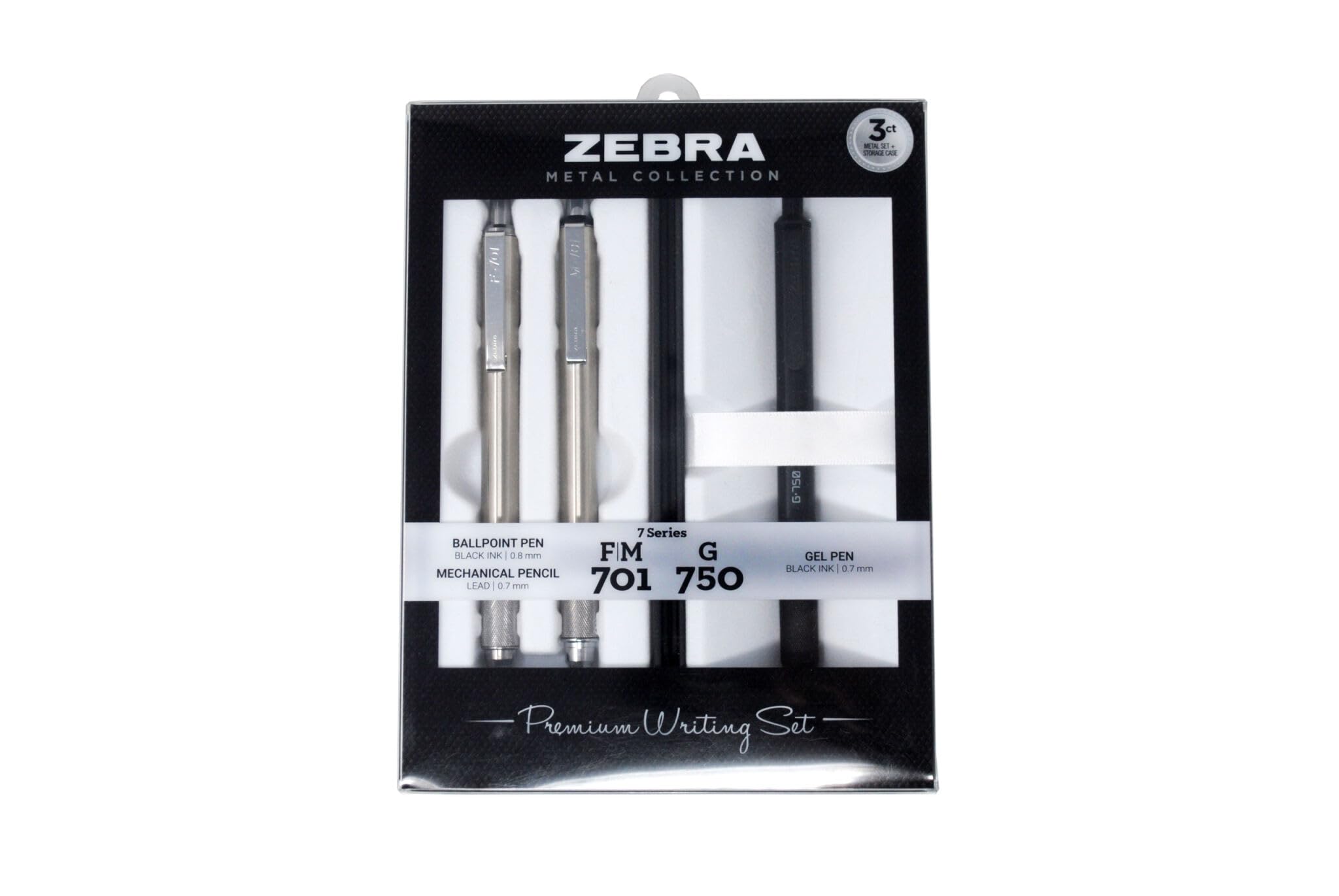 Zebra Gift Set - G-750 Retractable Gel Pen, F-701 Ballpoint Pen, M-701 Mechanical Pencil - Stainless Steel & Metal Set - 3 Piece Jotter Refillable Gift Box