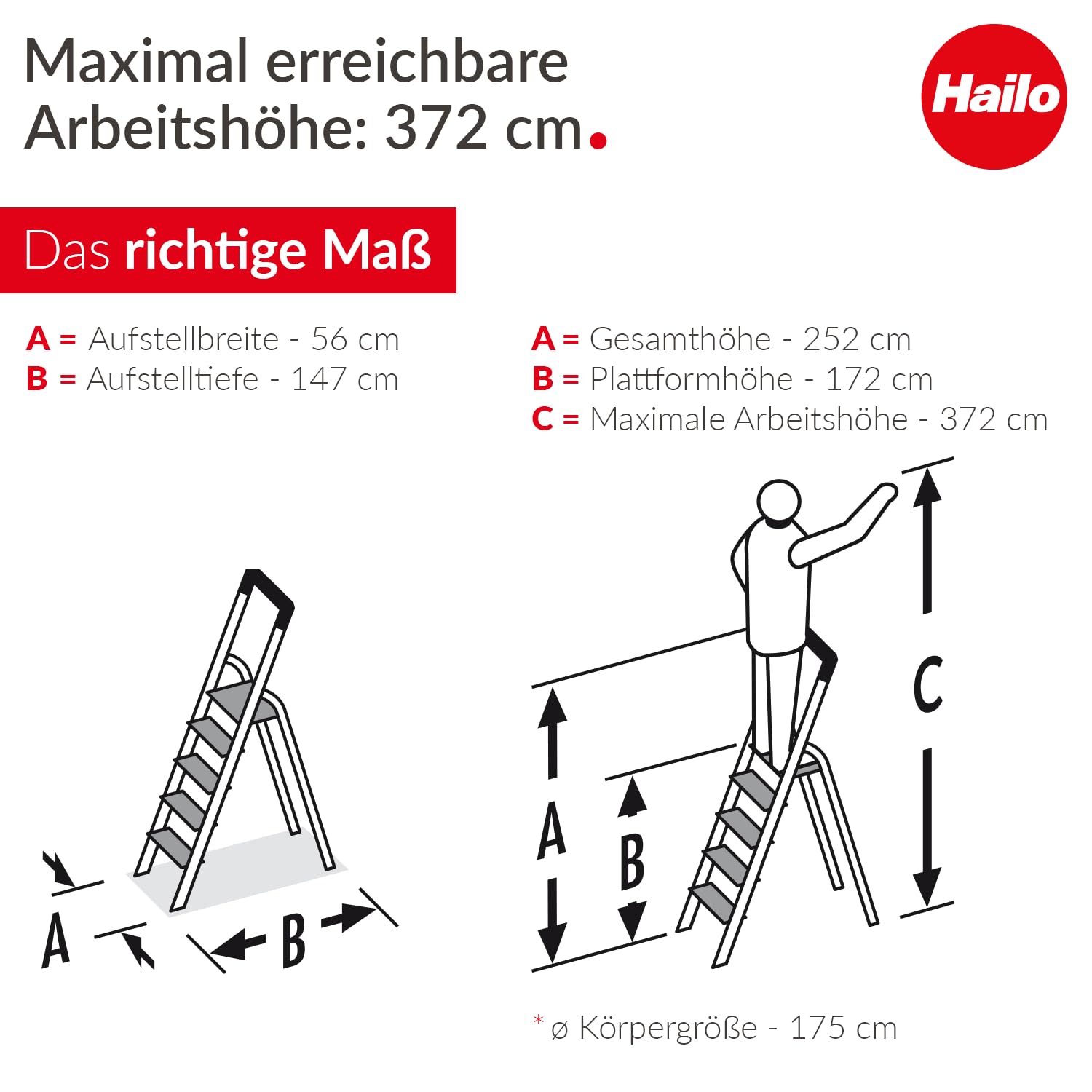Hailo L100 Topline Alu-Sicherheits-Stehleiter - 8 XXL-Stufen bis 150 kg - Stehleiter mit ausziehbarem Haltebügel, Plattformverriegelung - viel Zubehör - klappbare Aluleiter Made in Germany - schwarz 5