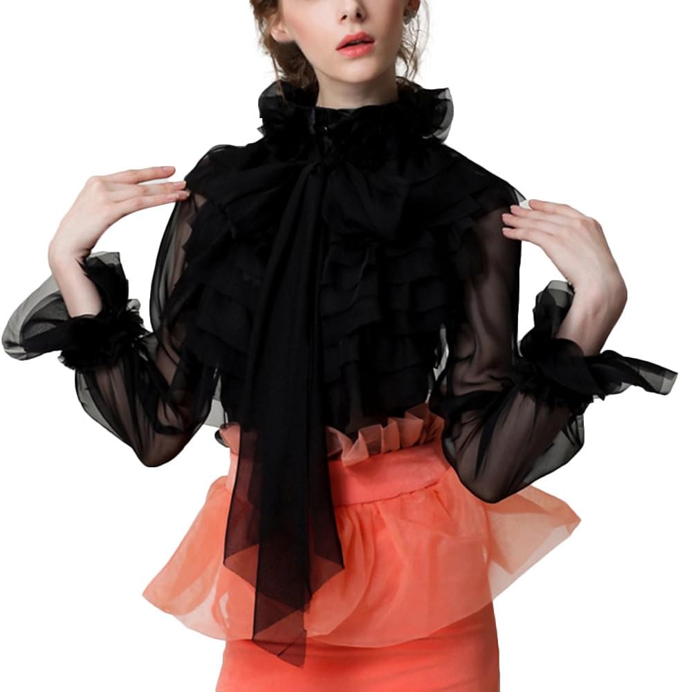 Tianzek Women's Sexy Transparent Back Bubble Ruffles Stand Collar Bowknot Mesh Sheer Blouse Tops