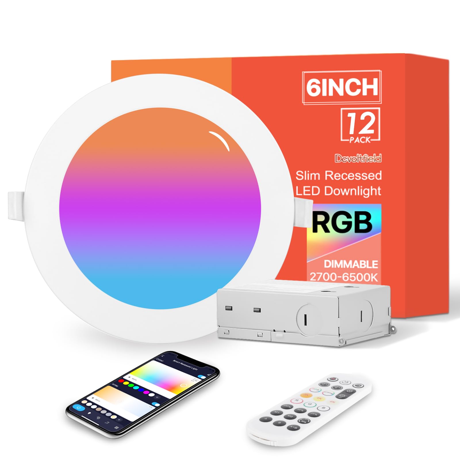 Photo 1 of 12Pack 6Inch Smart LED RGB Recessed Lighting ,Color Changing Canless Downlight,2700K-6500K, 2.4GHz Wi-Fi & Bluetooth,12W 1200lm,Works with Tuya App,Alexa & Google Assistant,Gateway Included
