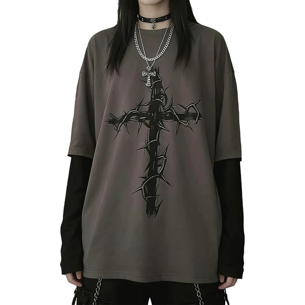 HNERUE Men Women Goth Shirt Y2K Grunge Emo Cross Graphic Long