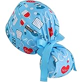 Scrub Caps Women Ponytail – Light Blue Medical Print Double-Sided Printed Surgical Hat with Buttons and Sweatband, Soft Nurse Cap for Long Hair, Helps Reduce Static Buildup