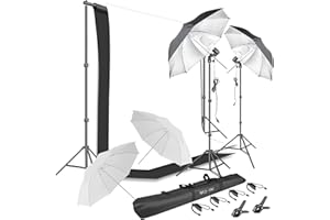 HYJ-INC Photography Umbrella Continuous Lighting Kit,Muslin Backdrop Kit(White Black), Backdrop Clips Clamp,10ft Photo Background Photography Stand System for Photo Video Studio Shooting