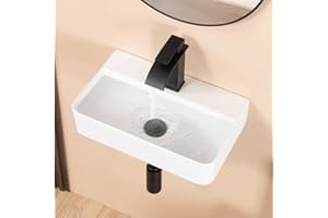 KARAMAG Small Vessel Sink 17.7"x11.2" Wall Mount Bathroom Sink Rectangular White Porcelain Ceramic Floating Tiny Bathroom Wall Mounted RV Sink