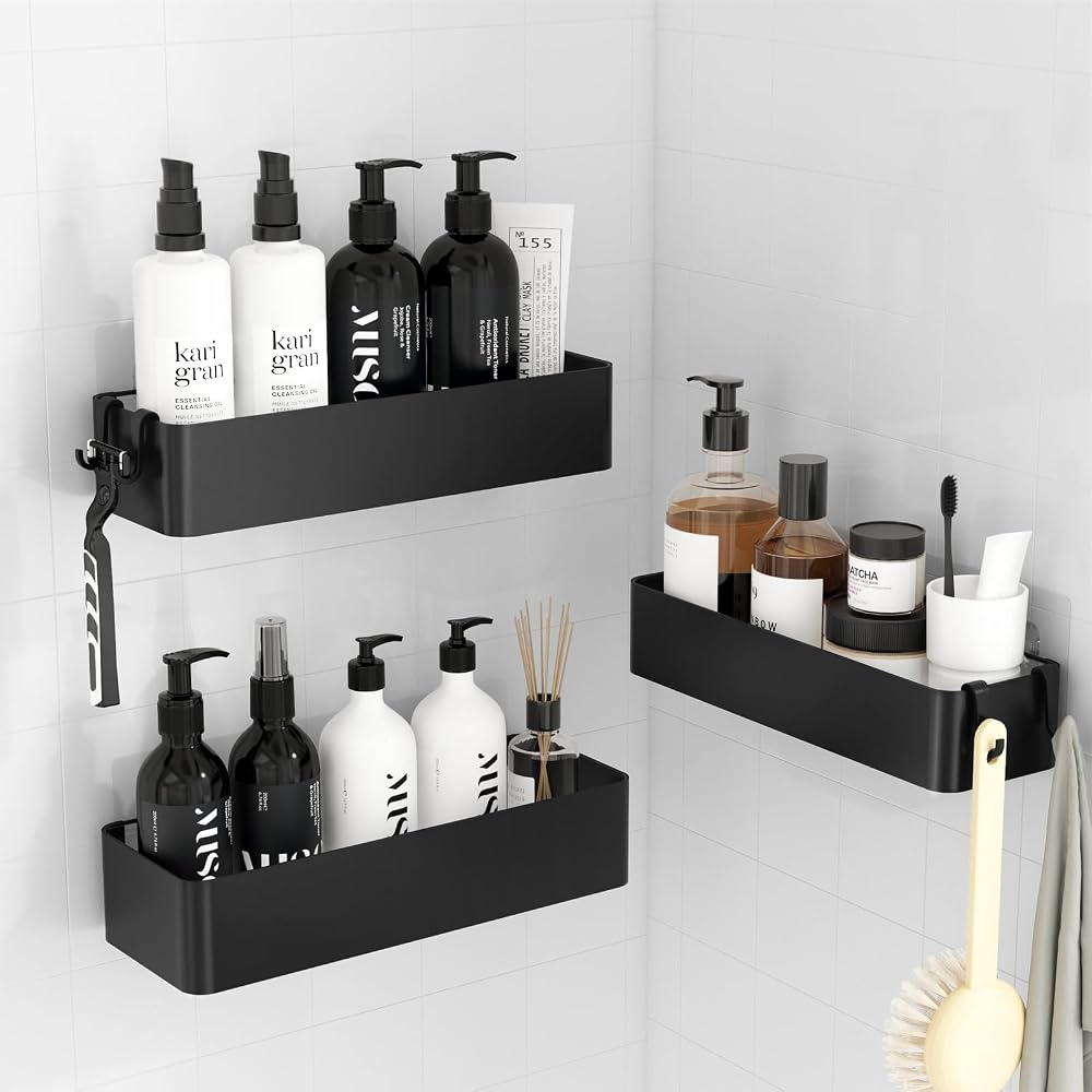 Kitsure 3 Pack Rustproof Shower Caddy 2 Shelves Drill-Free Black Large