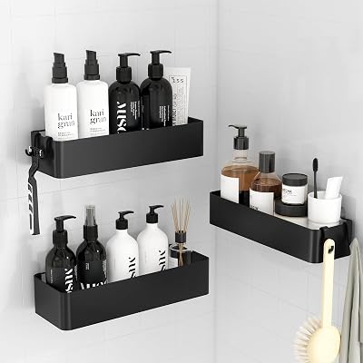 Kitsure 3 Pack Rustproof Shower Caddy 2 Shelves Drill-Free Black Large