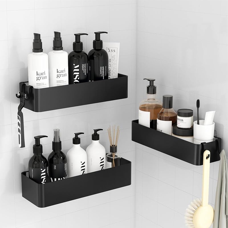 Kitsure 3 Pack Rustproof Shower Caddy 2 Shelves Drill-Free Black Large