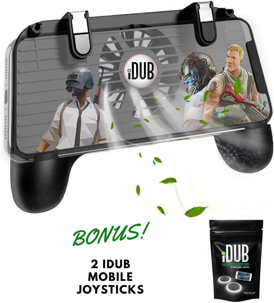 iDub Mobile Gaming Controller - Game Phone Grip with Joystick, Power Bank Charger, Cooling Fan - Android, iPhone Gamer Accessories - Finger Triggers for PUBG, Fortnite, Battle Royale, Shooting Games