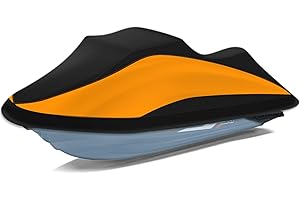 Tokept Trailerable Jet Ski Cover, 300D Heavy Duty Waterproof PWC Cover with Reflective Strip Vents, Fits Seadoo, Yamaha, GTX, Kawasaki, Honda, Polaris 3 Seater 136" to 145" L（Black&Orange）