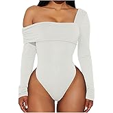 SweatyRocks Women's Long Sleeve Body Suits One Shoulder Backless Ruched Leotard Bodysuit Asymmetrical Tops