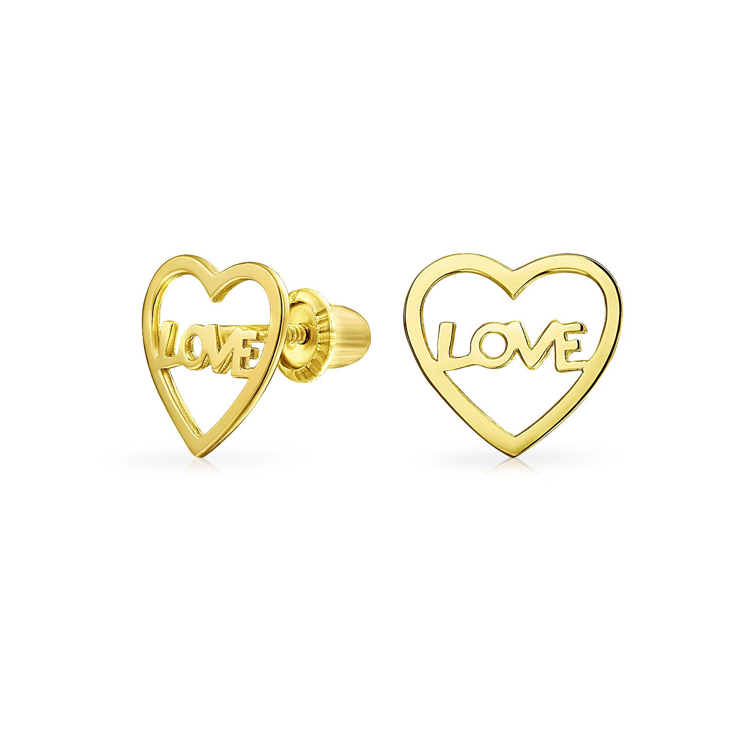 Petite Minimalist Real Yellow Gold Word Symbol Of Love Heart Shape Stud Earrings For Women Teen Girlfriend Secure Screw back