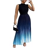 SOLY HUX Women's Plus Size Maxi Dress Ombre Mock Neck Sleeveless Pleated A Line Flowy Long Dresses
