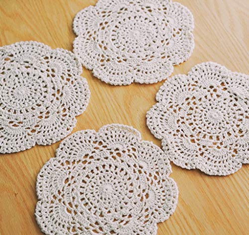 Phantomon 8 Inch Doilies Crochet Round Lace Doilies Cloth Beige Handmade 100% Cotton Crocheted Coasters, Pack of 4