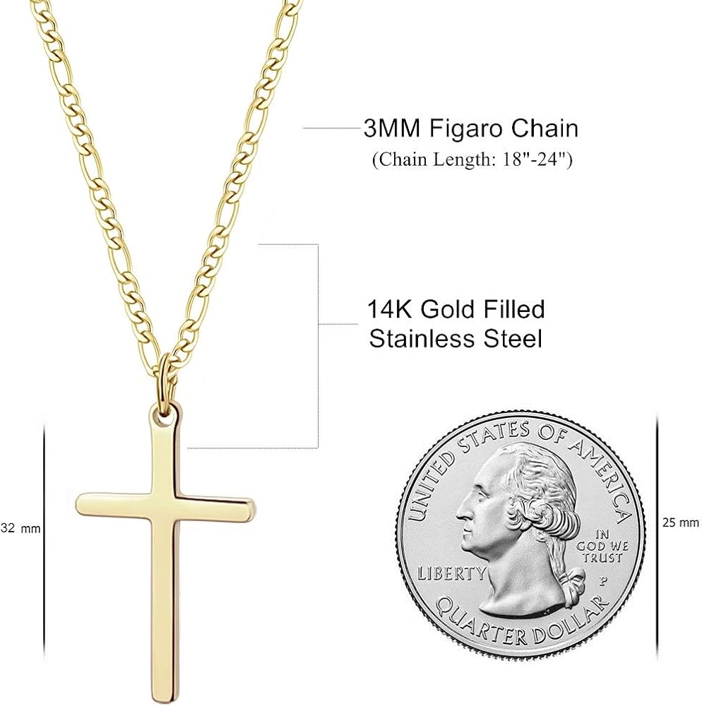 14K Gold Filled Cross Necklace for Men Figaro Chain Stainless Steel Plain Polished Cross Pendant Necklace Simple Faith Jewelry Gift for Boy Women Girls 24": Jewelry