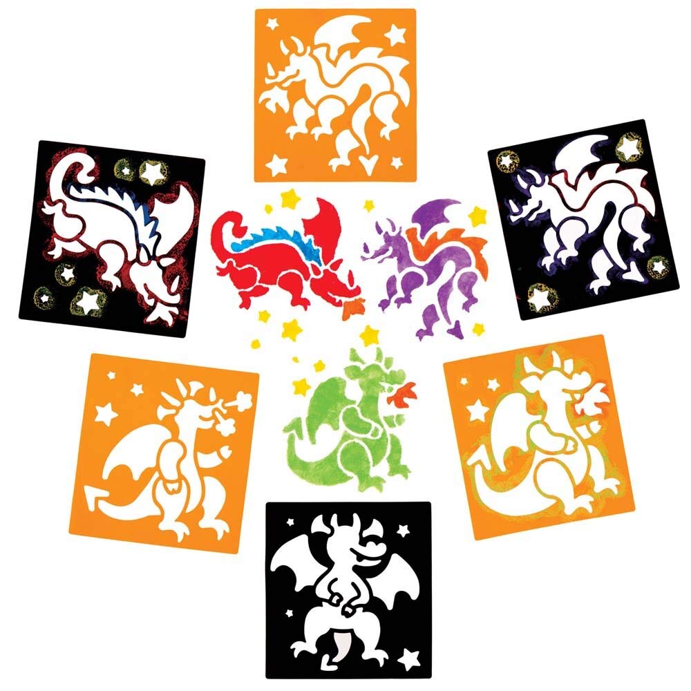 Baker Ross Dragon Stencils - Pack of 8, Chinese New Year Craft Kit, Crafts for Kids (FE246) Dragon Drawing Painting Stencils Dragon Template Sets for Painting on Wood, Floor, Wall and Tile