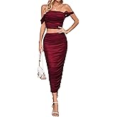 GYFSlgnion Women's 2 Piece Sexy Mesh Off Shoulder Top & Ruched Bodycon Dress Sets with Back Slit