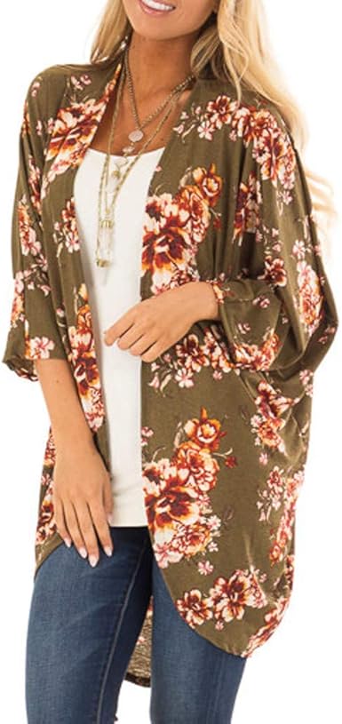 Fashion Womens Olive Green Printing Cardigan Easy Smock Blouse