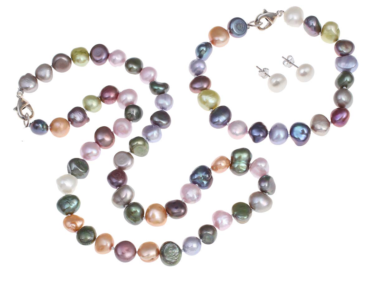 Treasure Bay MultiColour 8-9mm Baroque FreshWater Pearl Jewellery Set for Women Ladies Girls Pearl Necklace Bracelet Earrings Gift for Her, Mum, Wife, Christmas Birthday Gift (17 In)